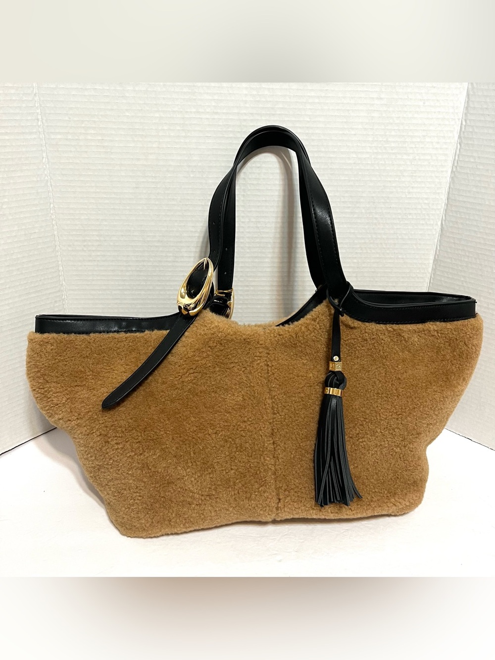 Bebe Camel Shearling Tote Bag with Black Leather Trim Large Gold Tone hardware